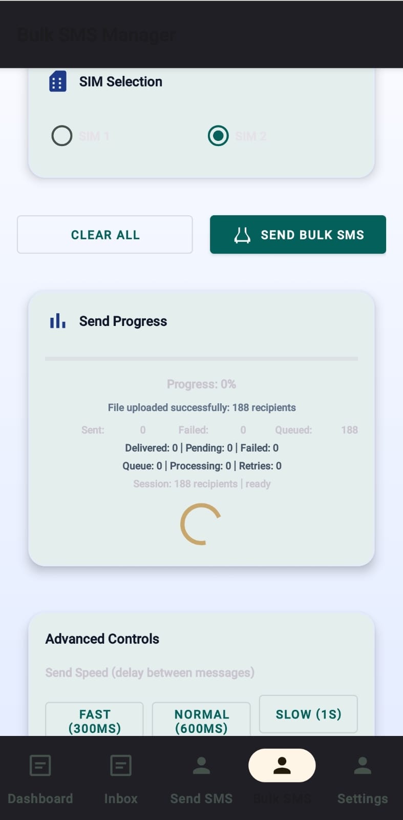 Bulk SMS send progress screen