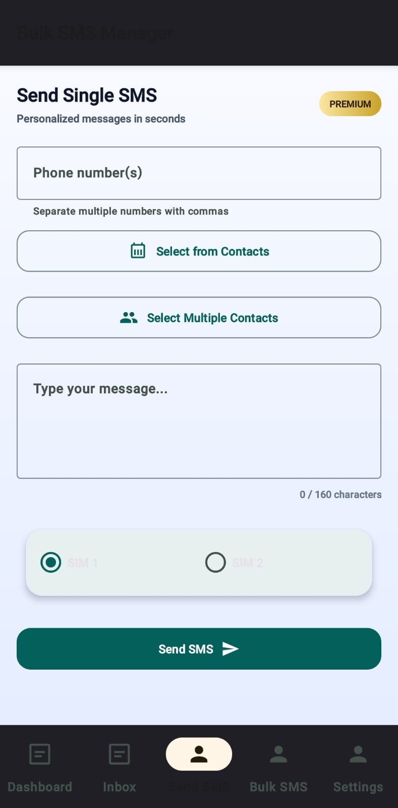 Send single SMS screen