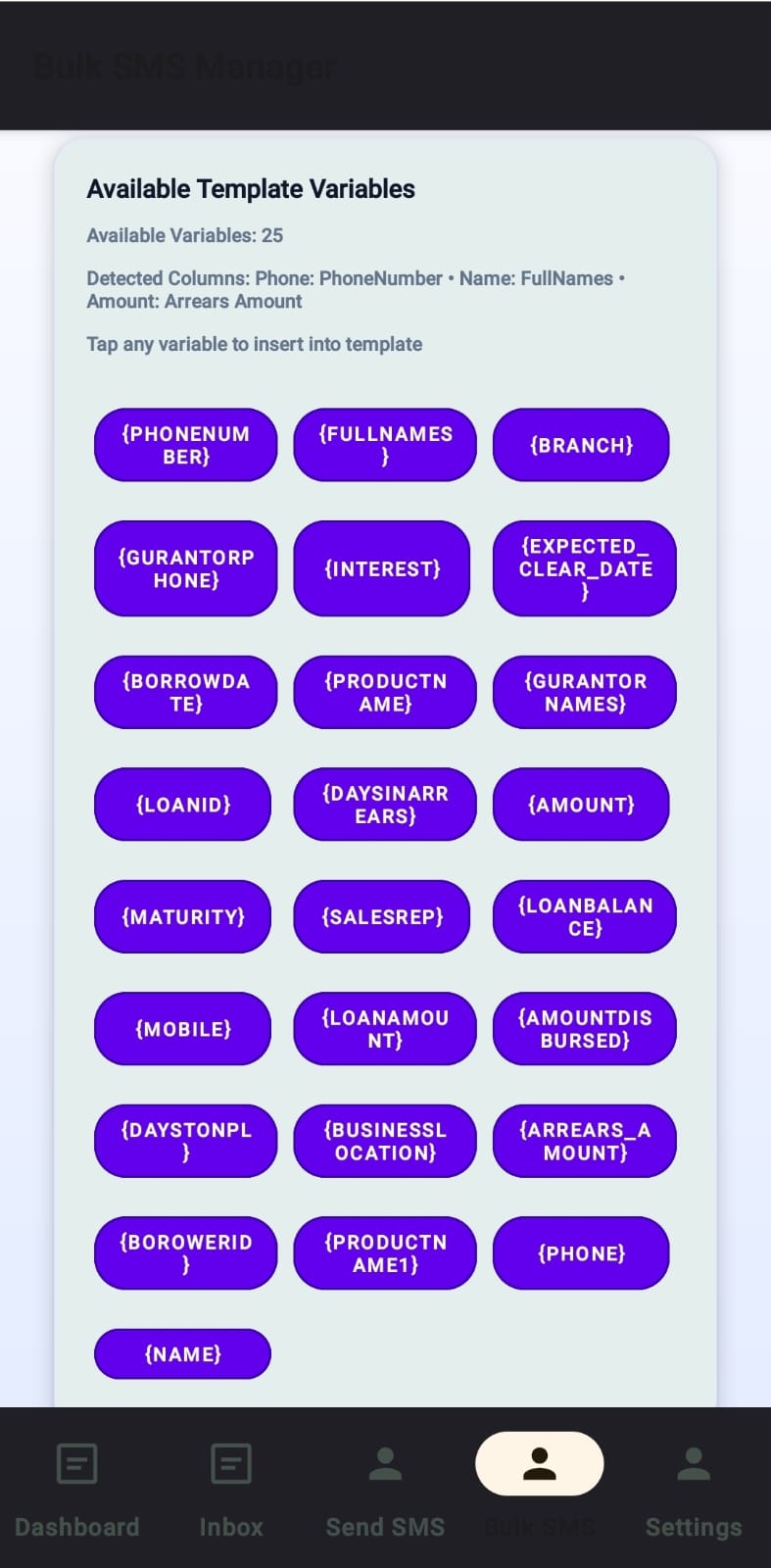 Template variables selection screen